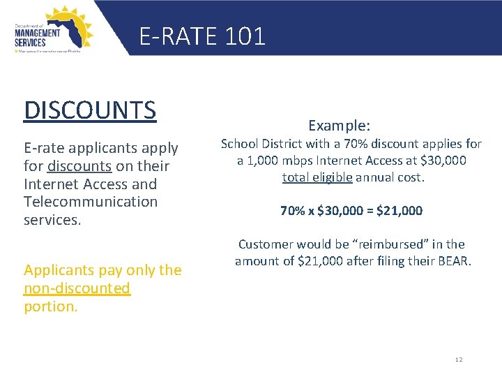 E-RATE 101 DISCOUNTS E‐rate applicants apply for discounts on their Internet Access and Telecommunication