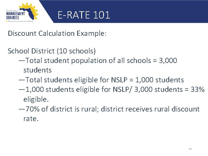 E-RATE 101 Discount Calculation Example: School District (10 schools) ―Total student population of all
