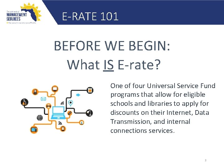 E-RATE 101 BEFORE WE BEGIN: What IS E‐rate? One of four Universal Service Fund