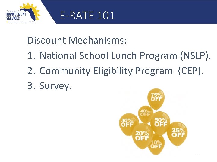 E-RATE 101 Discount Mechanisms: 1. National School Lunch Program (NSLP). 2. Community Eligibility Program