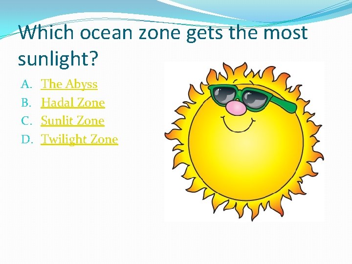 Which ocean zone gets the most sunlight? A. B. C. D. The Abyss Hadal