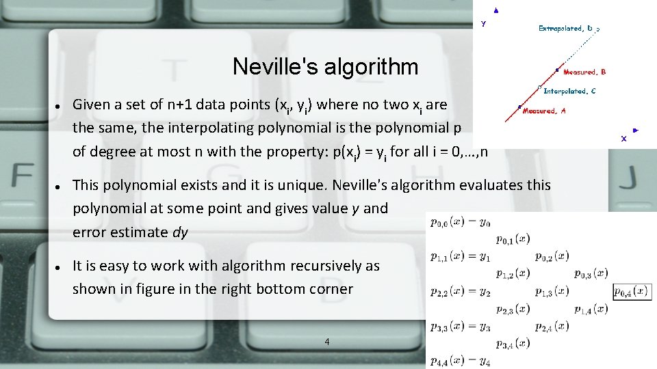 Neville's algorithm Given a set of n+1 data points (xi, yi) where no two