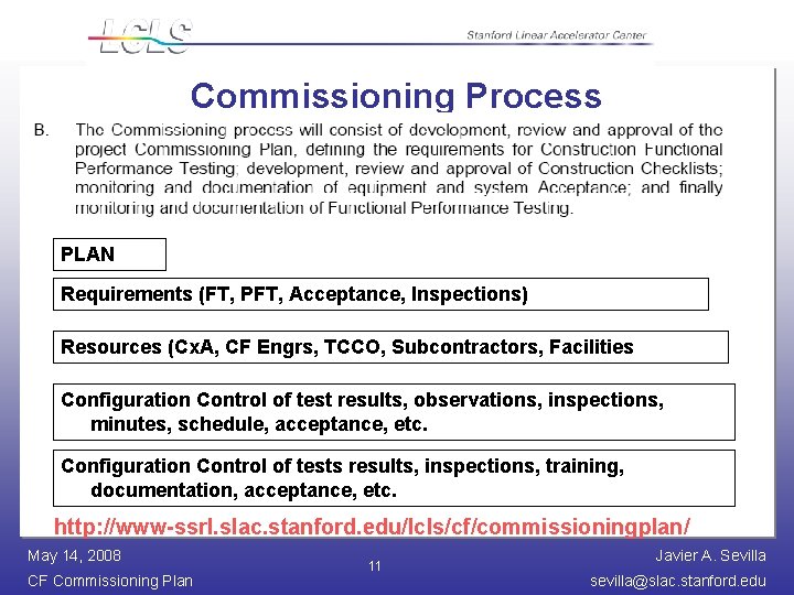 Commissioning Process PLAN Requirements (FT, PFT, Acceptance, Inspections) Resources (Cx. A, CF Engrs, TCCO,
