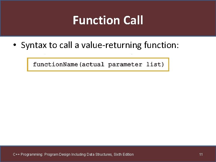 Function Call • Syntax to call a value-returning function: C++ Programming: Program Design Including