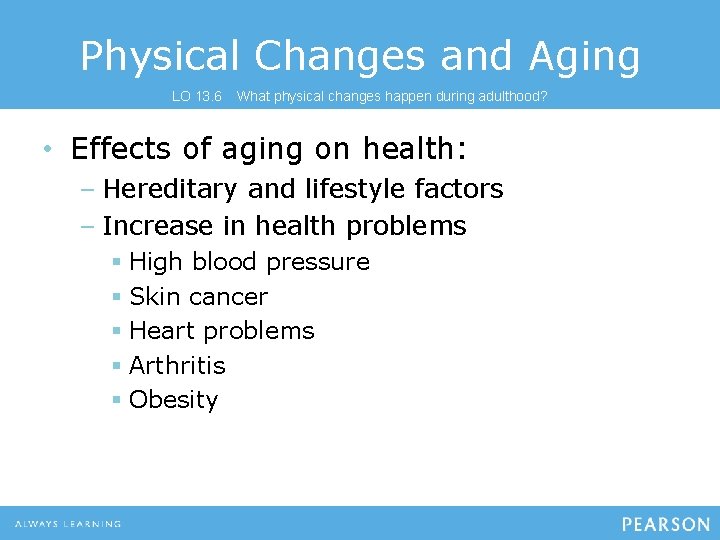 Physical Changes and Aging LO 13. 6 What physical changes happen during adulthood? •