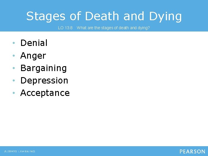 Stages of Death and Dying LO 13. 8 • • • Denial Anger Bargaining