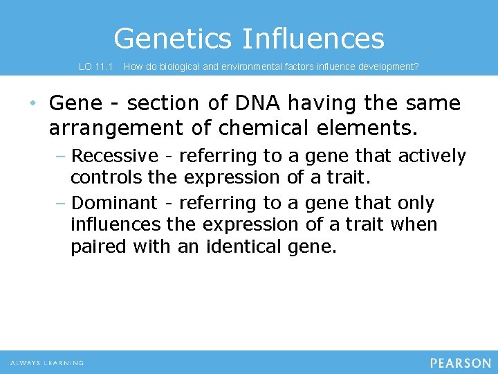 Genetics Influences LO 11. 1 How do biological and environmental factors influence development? •