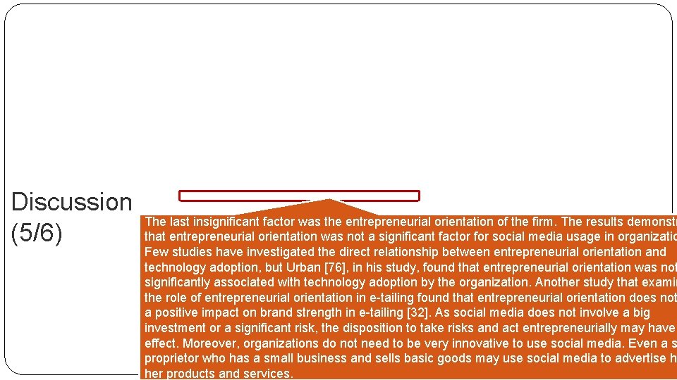 Discussion (5/6) The last insignificant factor was the entrepreneurial orientation of the firm. The