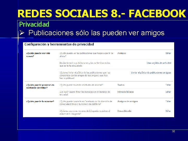 REDES SOCIALES 8. - FACEBOOK Privacidad Publicaciones sólo las pueden ver amigos 32 