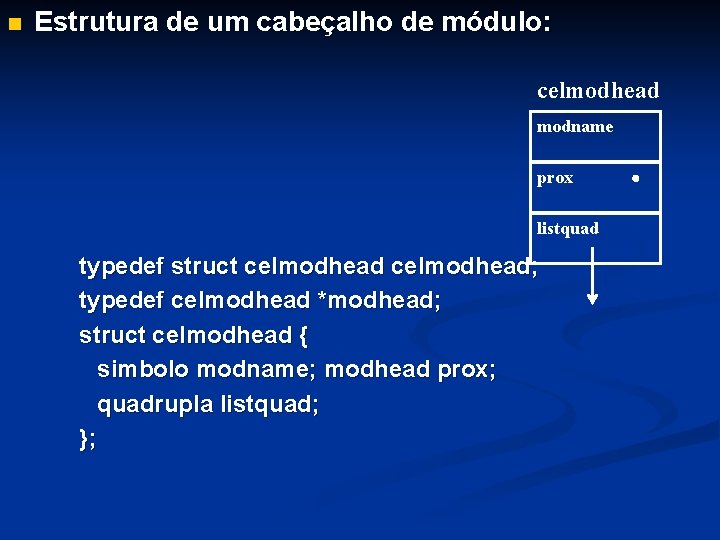 n Estrutura de um cabeçalho de módulo: celmodhead modname prox listquad typedef struct celmodhead;