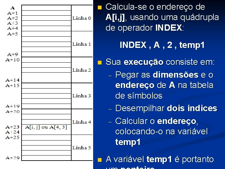 n Calcula-se o endereço de A[i, j], usando uma quádrupla de operador INDEX: INDEX