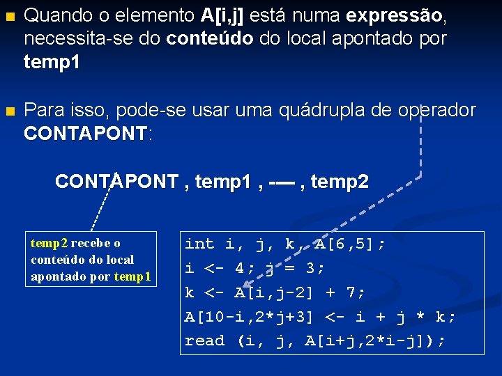 n Quando o elemento A[i, j] está numa expressão, necessita-se do conteúdo do local