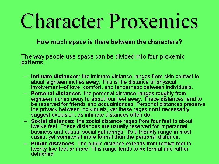 Character Proxemics How much space is there between the characters? The way people use