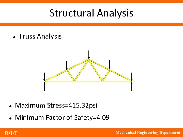 Structural Analysis Truss Analysis Maximum Stress=415. 32 psi Minimum Factor of Safety=4. 09 