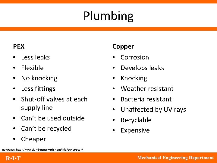 Plumbing PEX Copper Less leaks Flexible No knocking Less fittings Shut-off valves at each