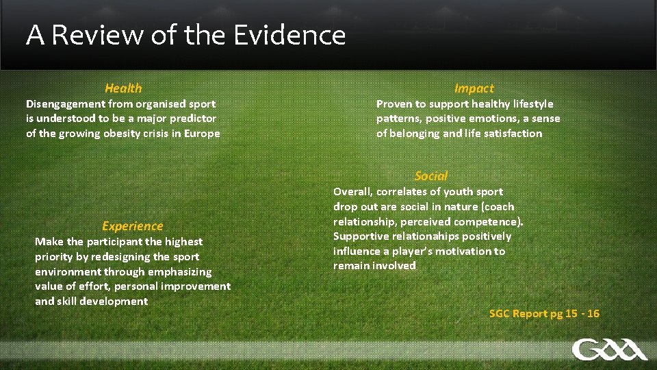 A Review of the Evidence Health Disengagement from organised sport is understood to be