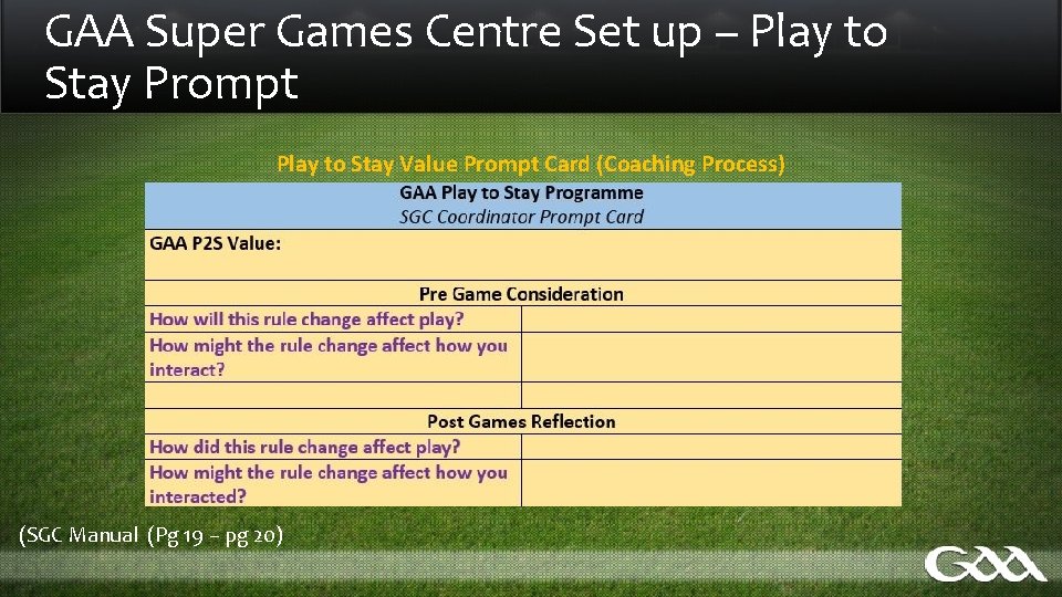 GAA Super Games Centre Set up – Play to Stay Prompt Play to Stay