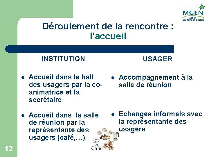 Déroulement de la rencontre : l’accueil INSTITUTION 12 USAGER l Accueil dans le hall