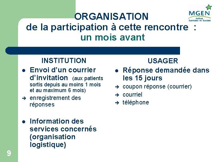ORGANISATION de la participation à cette rencontre : un mois avant l 9 INSTITUTION
