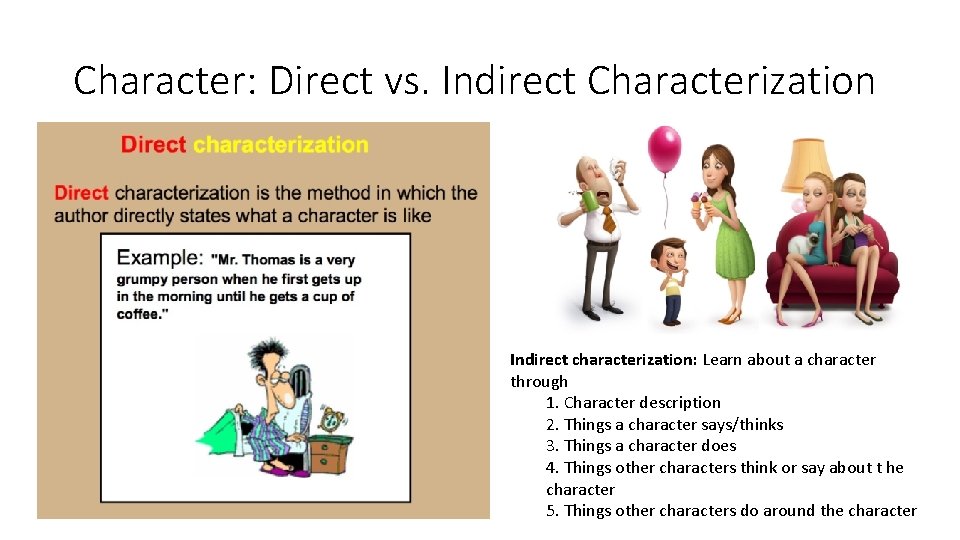 Character: Direct vs. Indirect Characterization Indirect characterization: Learn about a character through 1. Character Character: Direct vs. Indirect Characterization Indirect characterization: Learn about a character through 1. Character