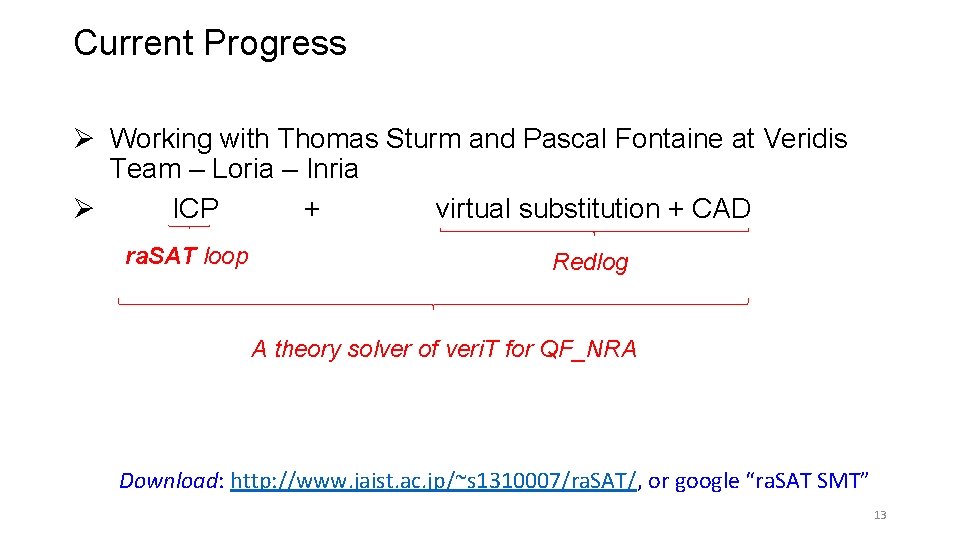 Current Progress Ø Working with Thomas Sturm and Pascal Fontaine at Veridis Team –