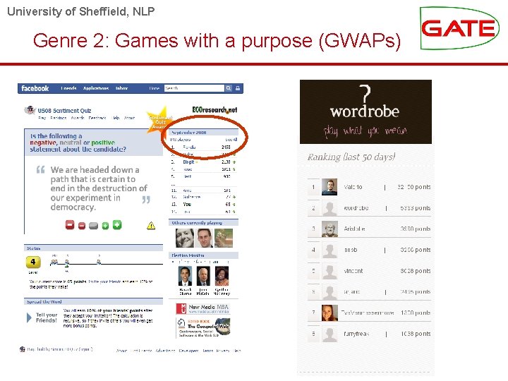University of Sheffield, NLP Genre 2: Games with a purpose (GWAPs) 