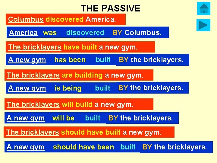  THE PASSIVE Columbus discovered America was discovered BY Columbus. The bricklayers have built