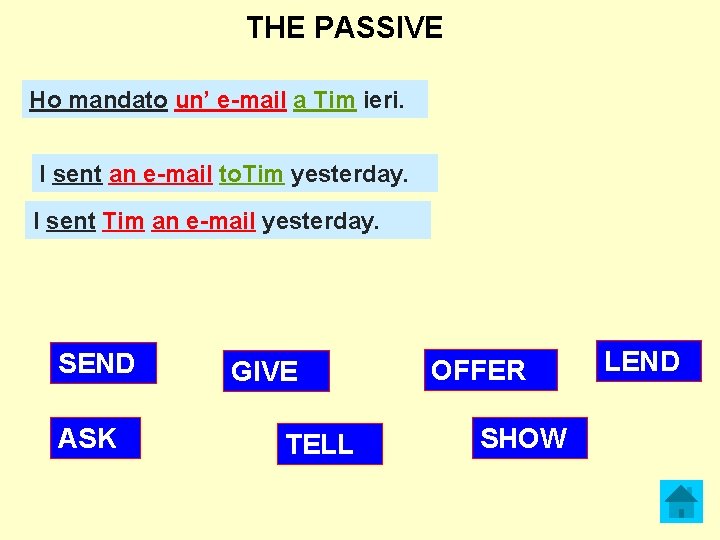  THE PASSIVE Ho mandato un’ e-mail a Tim ieri. I sent an e-mail