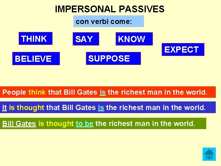  IMPERSONAL PASSIVES con verbi come: THINK BELIEVE SAY KNOW SUPPOSE EXPECT People think