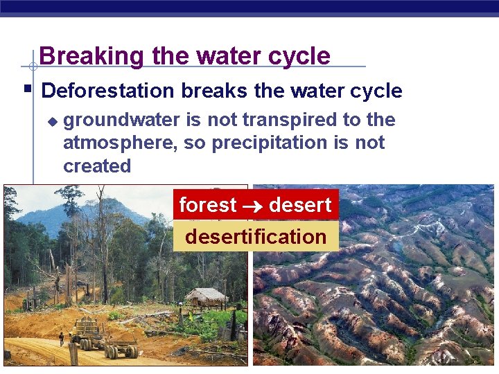 Breaking the water cycle § Deforestation breaks the water cycle u groundwater is not