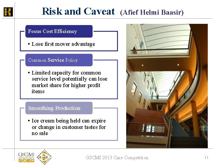 Risk and Caveat (Afief Helmi Baasir) Focus Cost Efficiency • Lose first mover advantage