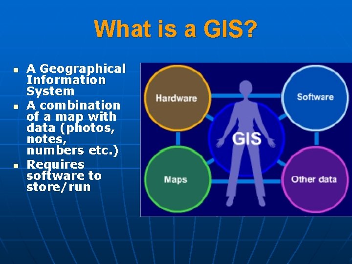 What is a GIS? n n n A Geographical Information System A combination of