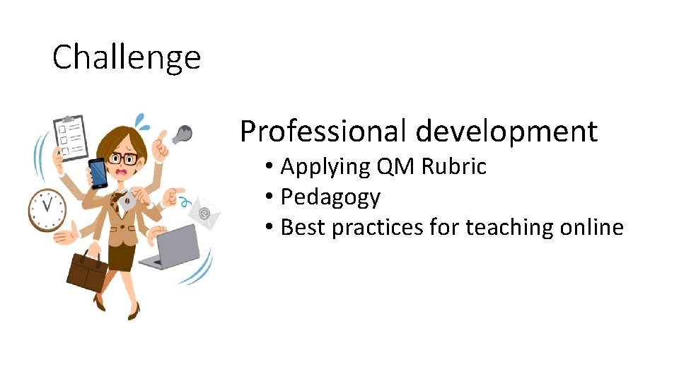 Challenge Professional development • Applying QM Rubric • Pedagogy • Best practices for teaching