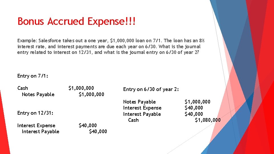 Bonus Accrued Expense!!! Example: Salesforce takes out a one year, $1, 000 loan on