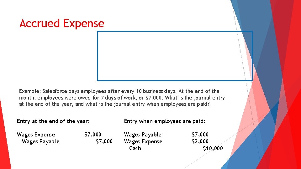 Accrued Expense Example: Salesforce pays employees after every 10 business days. At the end