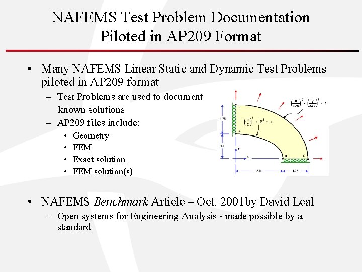 NAFEMS Test Problem Documentation Piloted in AP 209 Format • Many NAFEMS Linear Static