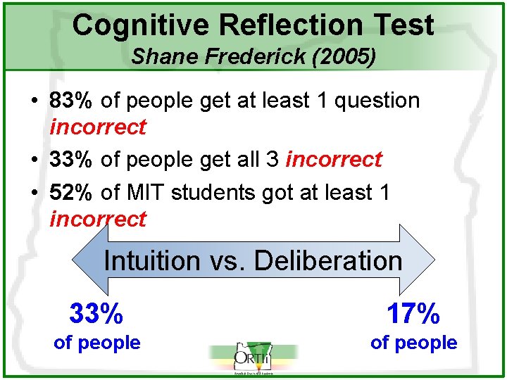 Cognitive Reflection Test Shane Frederick (2005) • 83% of people get at least 1