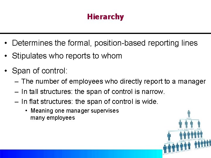 Hierarchy • Determines the formal, position-based reporting lines • Stipulates who reports to whom