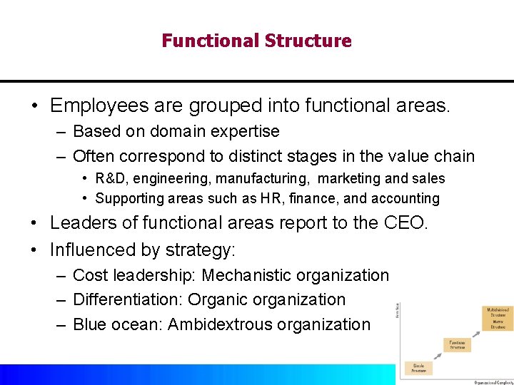 Functional Structure • Employees are grouped into functional areas. – Based on domain expertise