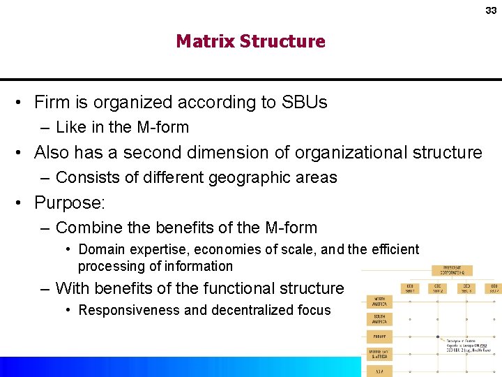 33 Matrix Structure • Firm is organized according to SBUs – Like in the