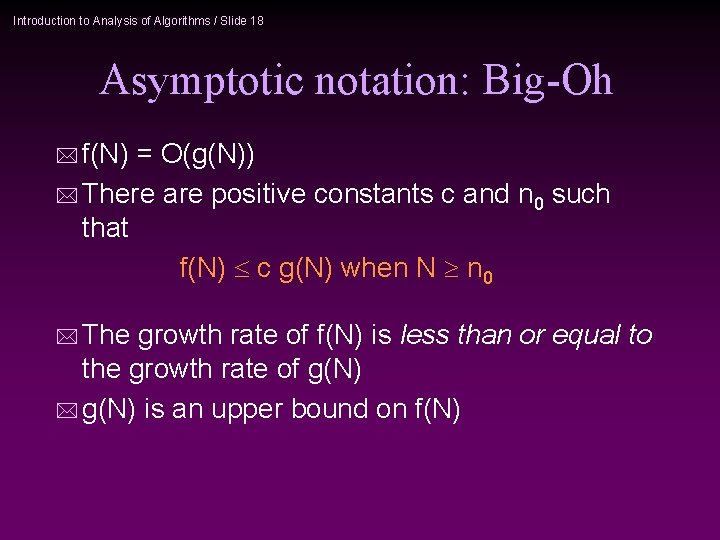 Introduction to Analysis of Algorithms / Slide 18 Asymptotic notation: Big-Oh * f(N) =