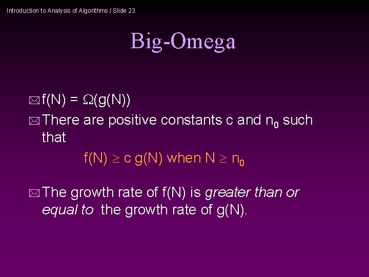 Introduction to Analysis of Algorithms / Slide 23 Big-Omega * f(N) = (g(N)) *