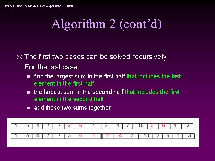 Introduction to Analysis of Algorithms / Slide 41 Algorithm 2 (cont’d) The first two