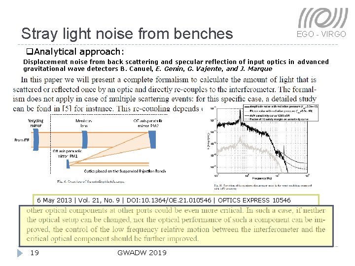 Stray light noise from benches EGO - VIRGO q. Analytical approach: Displacement noise from