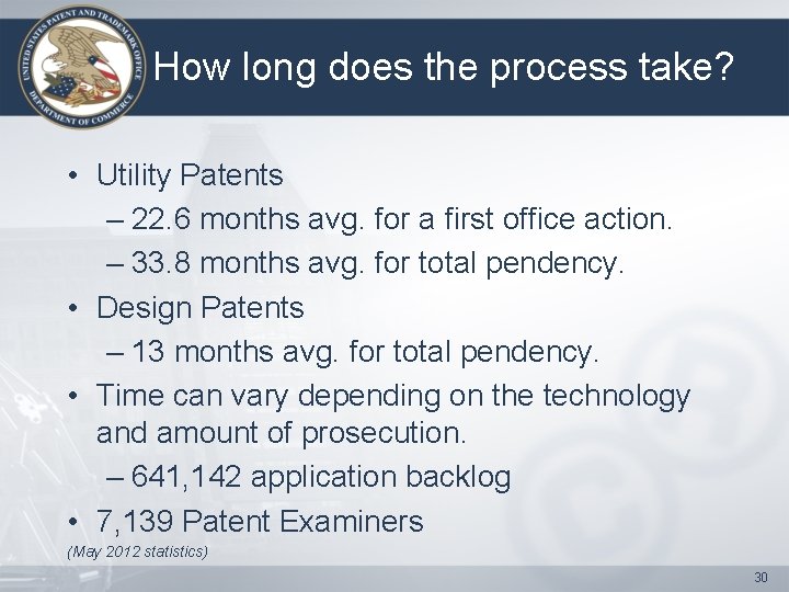 How long does the process take? • Utility Patents – 22. 6 months avg.