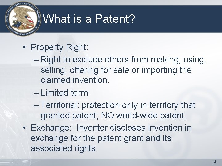 What is a Patent? • Property Right: – Right to exclude others from making,