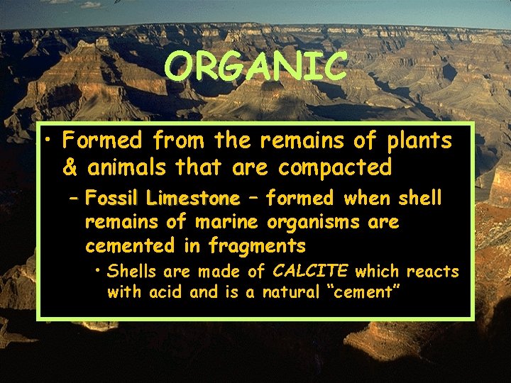ORGANIC • Formed from the remains of plants & animals that are compacted –