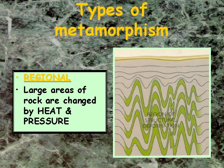 Types of metamorphism • REGIONAL • Large areas of rock are changed by HEAT