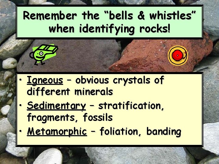 Remember the “bells & whistles” when identifying rocks! • Igneous – obvious crystals of