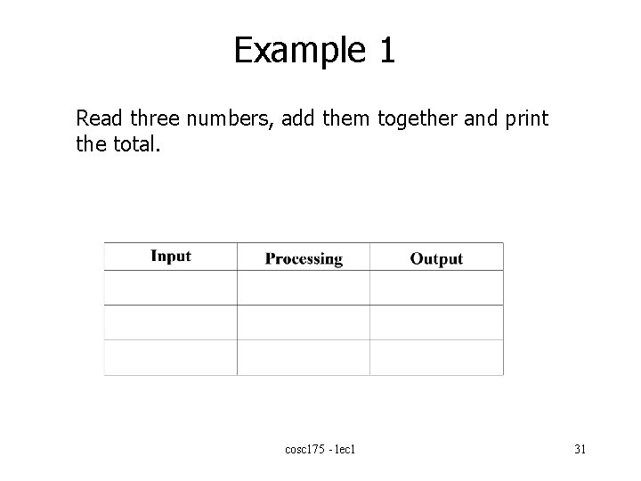 Example 1 Read three numbers, add them together and print the total. cosc 175